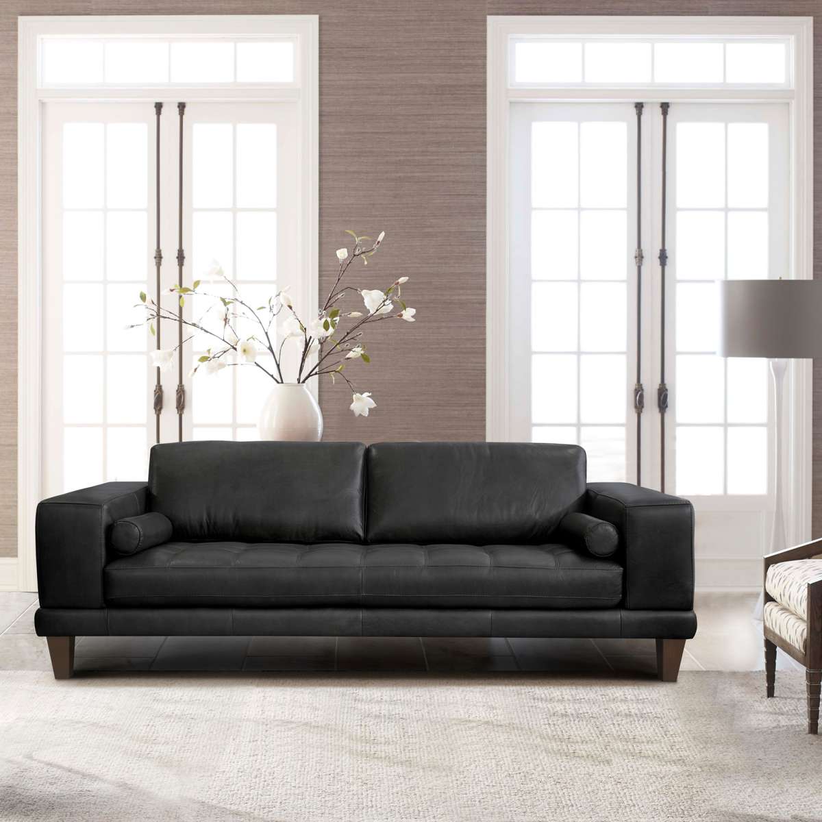 Wynne Contemporary Sofa in Genuine Black Leather with Brown Wood Legs By Armen Living | Sofas |  Modishstore 