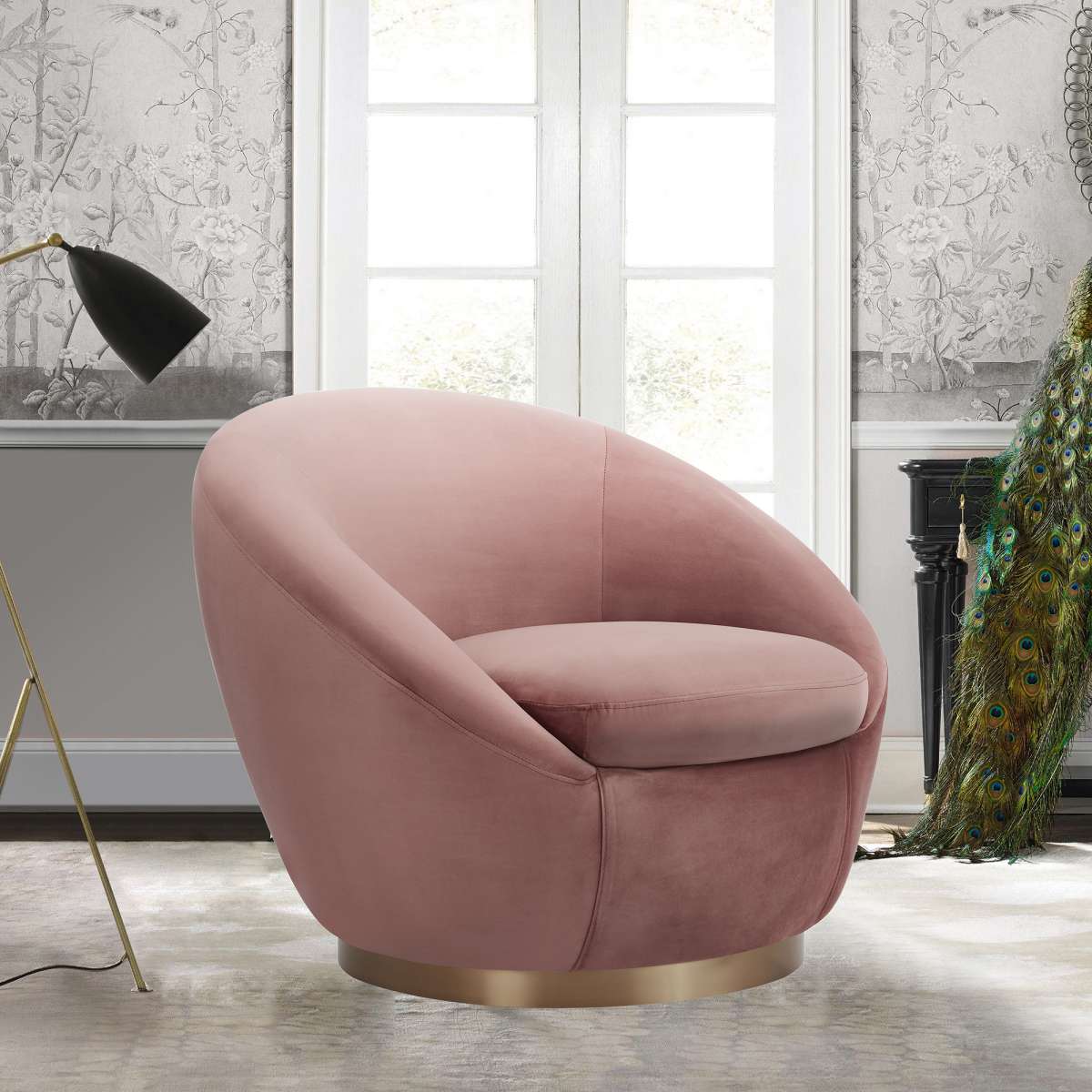 Yves Blush Velvet Swivel Accent Chair with Gold Base By Armen Living | Accent Chairs |  Modishstore 