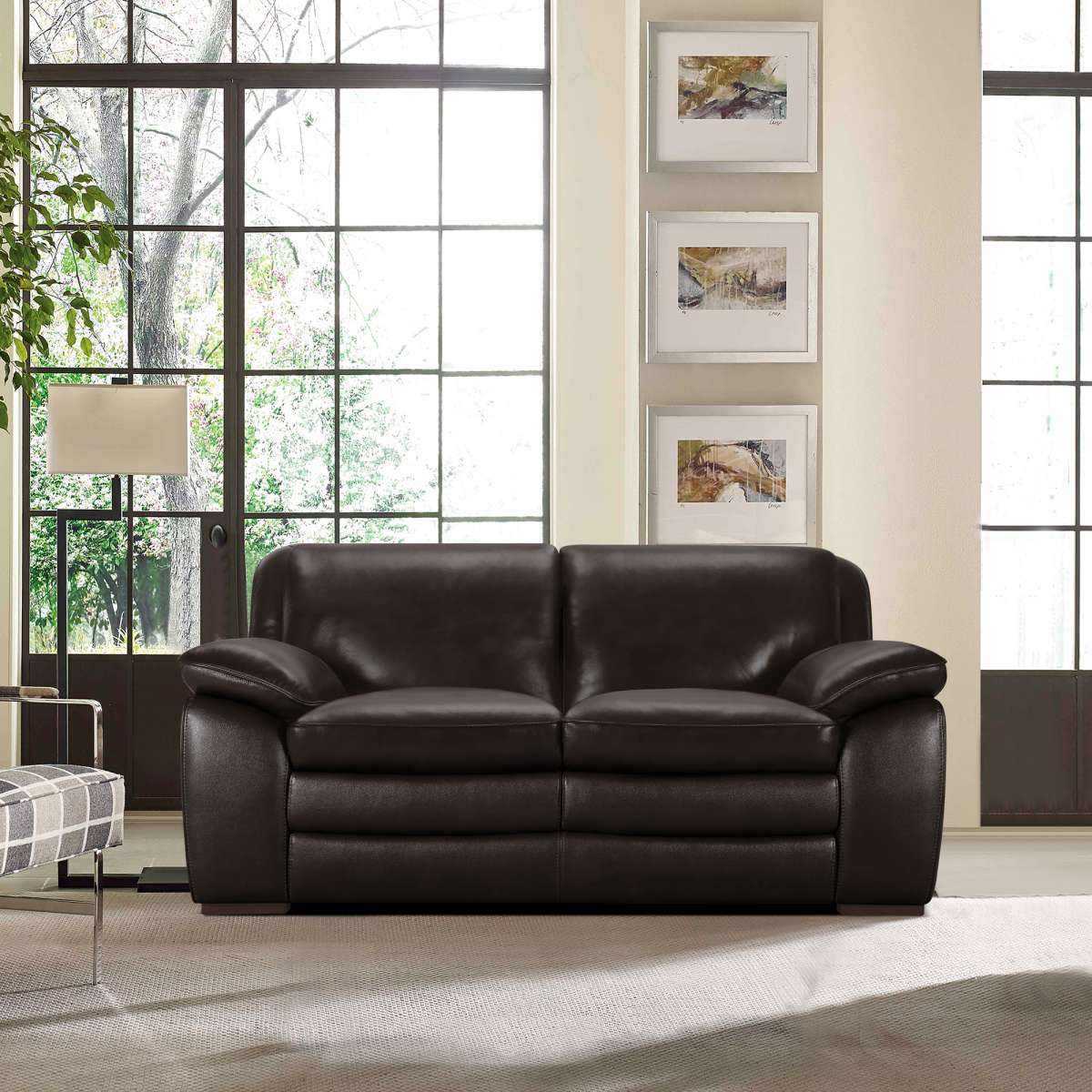 Zanna Contemporary Loveseat in Genuine Dark Brown Leather with Brown Wood Legs By Armen Living | Loveseats | Modishstore