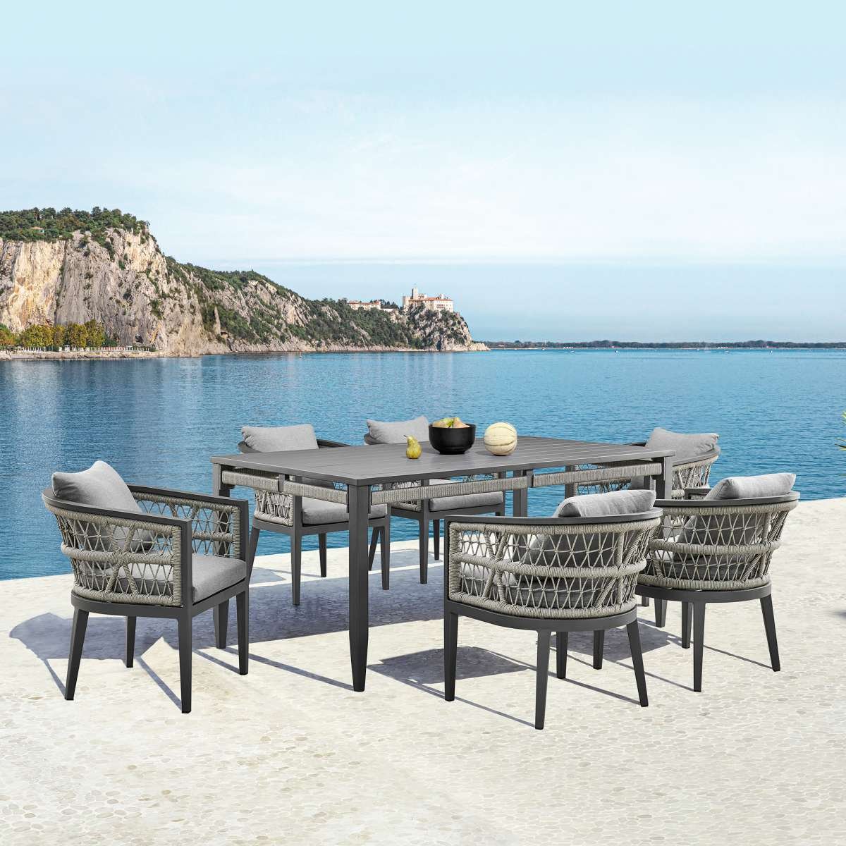 Armen Living Zella Aluminum Outdoor Patio Dining Chair Light Gray Rope Earl Gray Cushions Set of 2