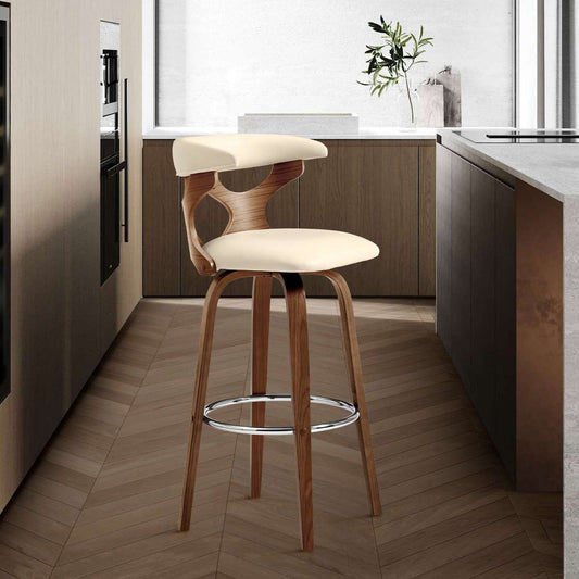 Zenia 26" Swivel Counter Stool in Cream Faux Leather and Walnut Wood By Armen Living | Bar Stools |  Modishstore 