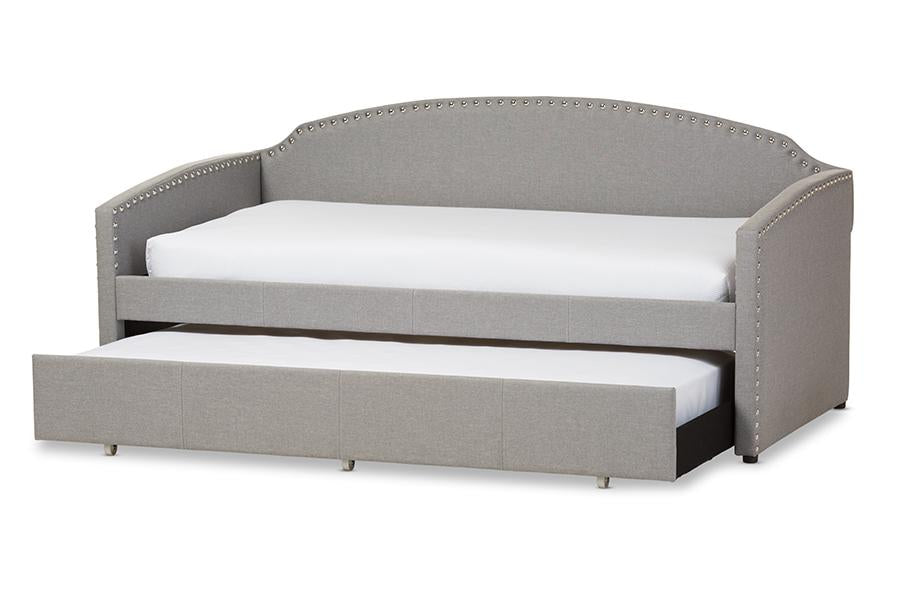 baxton studio lanny modern and contemporary grey fabric nail heads trimmed arched back sofa twin daybed with roll out trundle guest bed | Modish Furniture Store-3