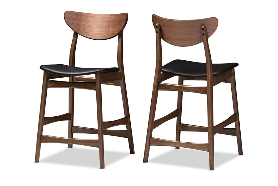 Baxton Studio Latina Mid-century Retro Modern Scandinavian Style Black Faux Leather Upholstered Walnut Wood Finishing 24-Inches Counter Stool (Set of 2) | Bar Stools | Modishstore - 2