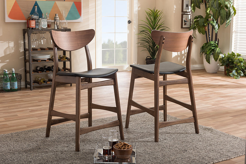 Baxton Studio Latina Mid-century Retro Modern Scandinavian Style Black Faux Leather Upholstered Walnut Wood Finishing 24-Inches Counter Stool (Set of 2) | Bar Stools | Modishstore