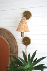 Double Antique Brass Wall Lamp With Woven Wicker Shade By Kalalou