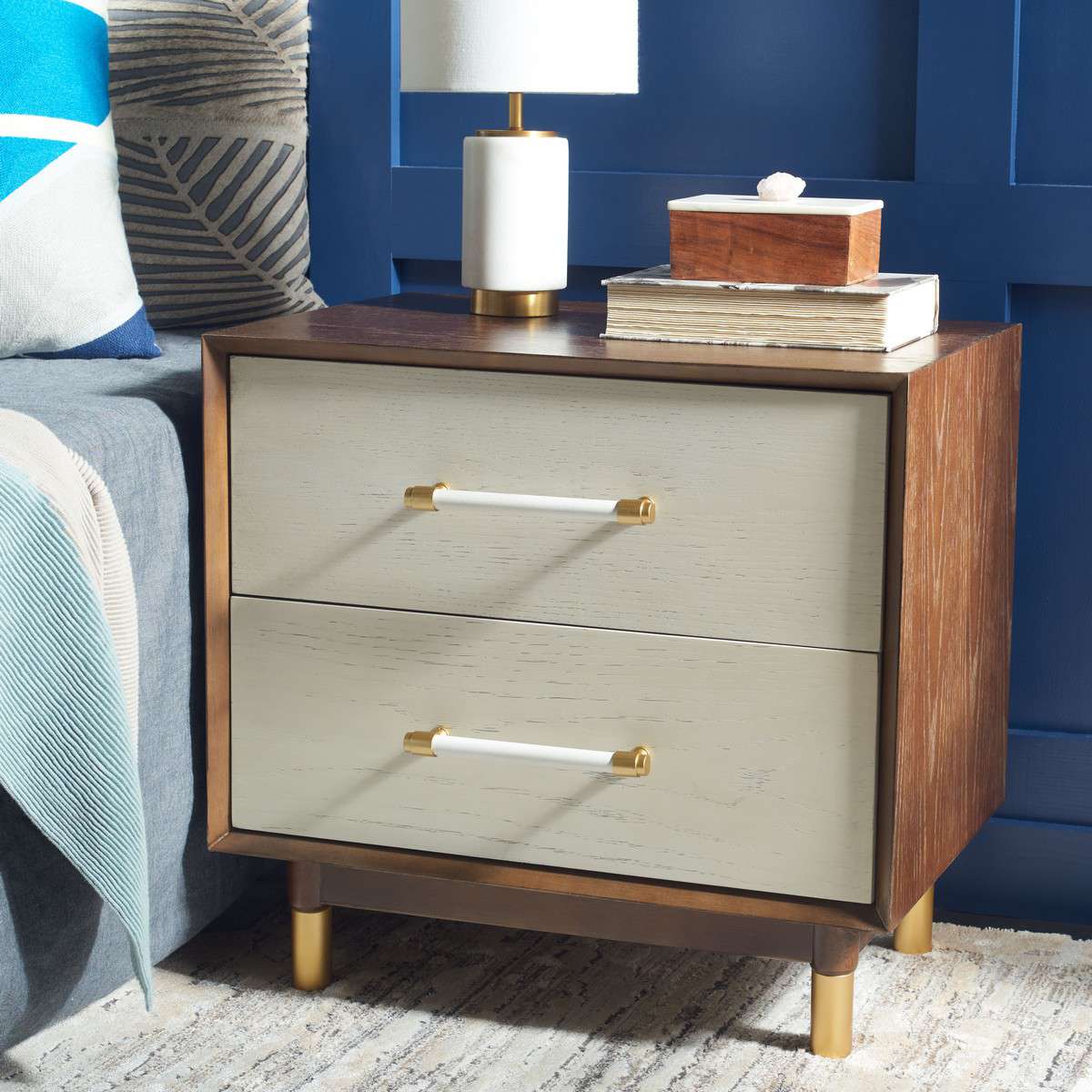 Safavieh Justice 2 Drawer Nightstand - Walnut With White Washed | Nightstands | Modishstore