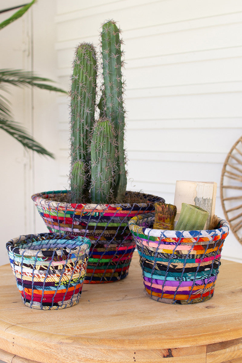 Multi-Color Coiled Kantha Bowls Set Of 3 By Kalalou | Modishstore | Decorative Bowls