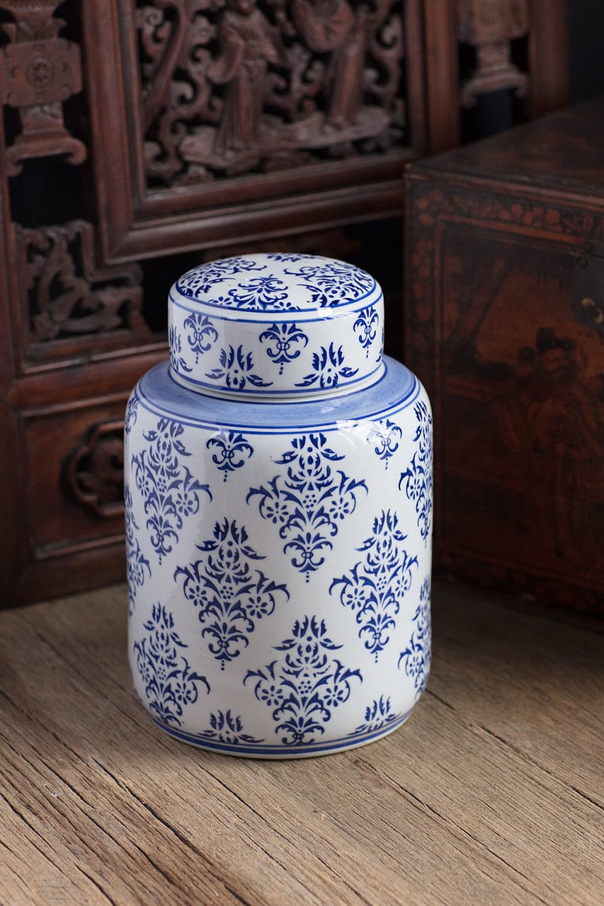 Blue & White Ceramic Tea Canister Set of 2 by Vagabond Vintage | Modishstore | Jars & Canisters-3