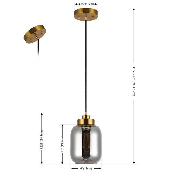 Safavieh Ethyx, 6 Inch, Smoke Grey/Brass, Glass/Iron Pendant - Smoke Grey | Pendant Lamps | Modishstore - 3