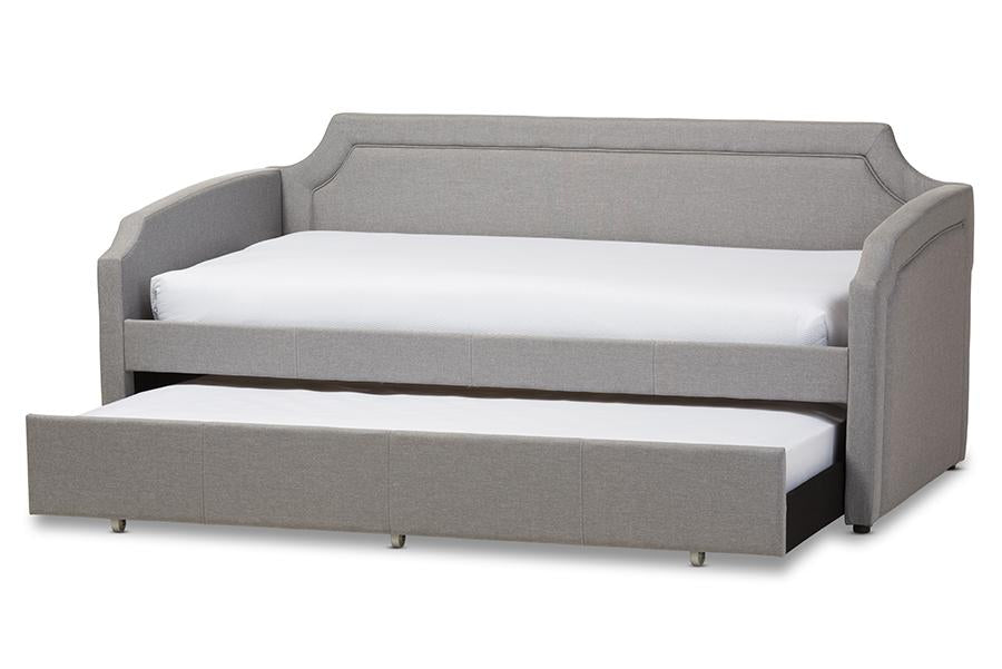 baxton studio parkson modern and contemporary grey fabric curved notched corners sofa twin daybed with roll out trundle guest bed | Modish Furniture Store-2