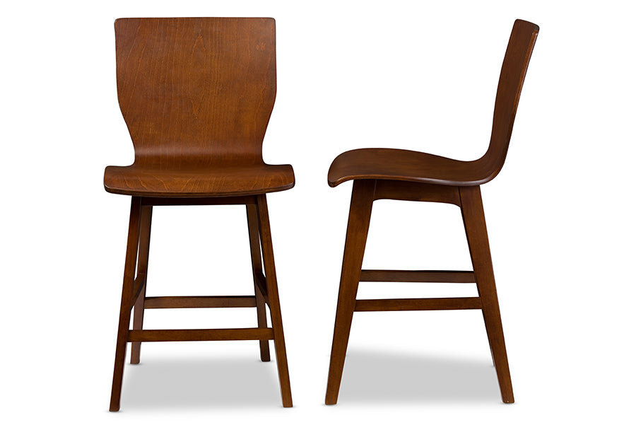 Baxton Studio Elsa Mid-century Modern Scandinavian Style Dark Walnut Bent Wood Counter Stool (Set of 2) | Modishstore | Bar Furniture