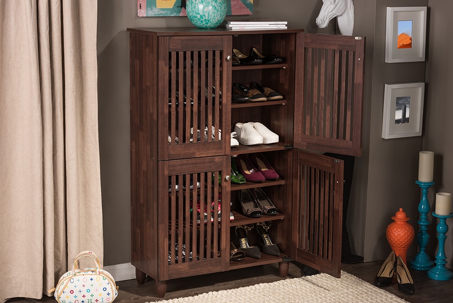 Baxton Studio Fernanda Modern and Contemporary 4 Door Oak Brown Wooden Entryway Shoes Storage Tall Cabinet