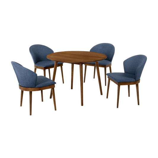 Arcadia and Juno 42" Round Blue and Walnut Wood 5 Piece Dining Set By Armen Living | Dining Sets | Modishstore