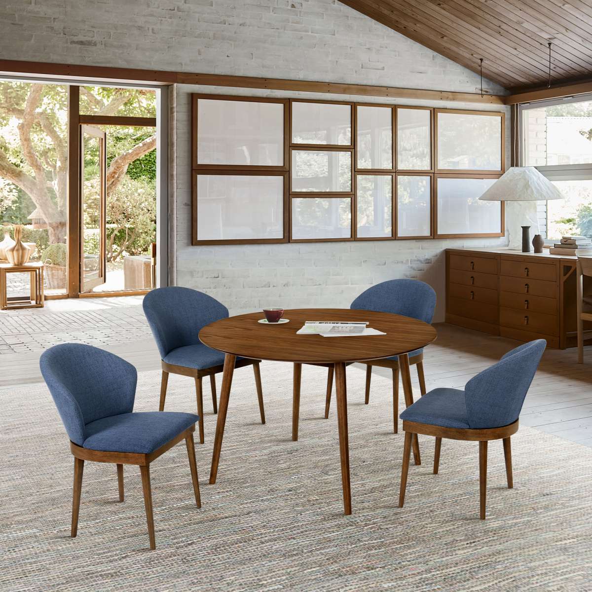 Arcadia and Juno 48" Round Blue and Walnut Wood 5 Piece Dining Set By Armen Living | Dining Sets |  Modishstore 