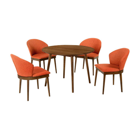 Arcadia and Juno 42" Round Orange and Walnut Wood 5 Piece Dining Set By Armen Living | Dining Sets | Modishstore