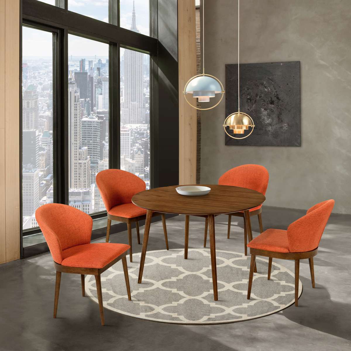 Arcadia and Juno 48" Round Orange and Walnut Wood 5 Piece Dining Set By Armen Living | Dining Sets |  Modishstore 