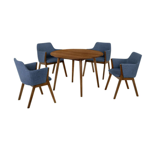 Arcadia and Renzo 42" Round Blue and Walnut Wood 5 Piece Dining Set By Armen Living | Dining Sets | Modishstore