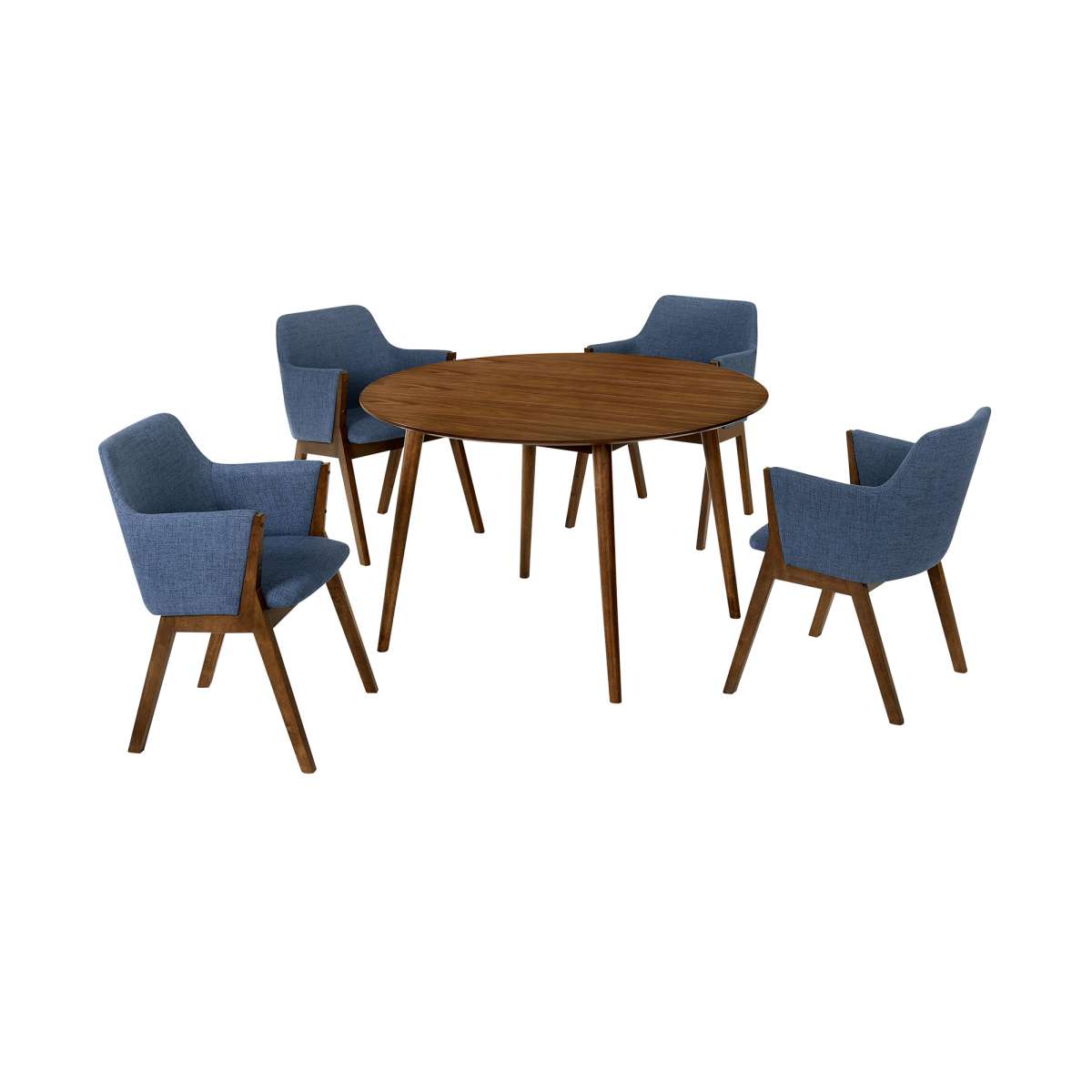 Arcadia and Renzo 48" Round Blue and Walnut Wood 5 Piece Dining Set By Armen Living | Dining Sets | Modishstore