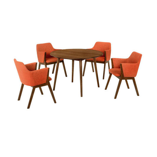 Arcadia and Renzo 42" Round Orange and Walnut Wood 5 Piece Dining Set By Armen Living | Dining Sets | Modishstore