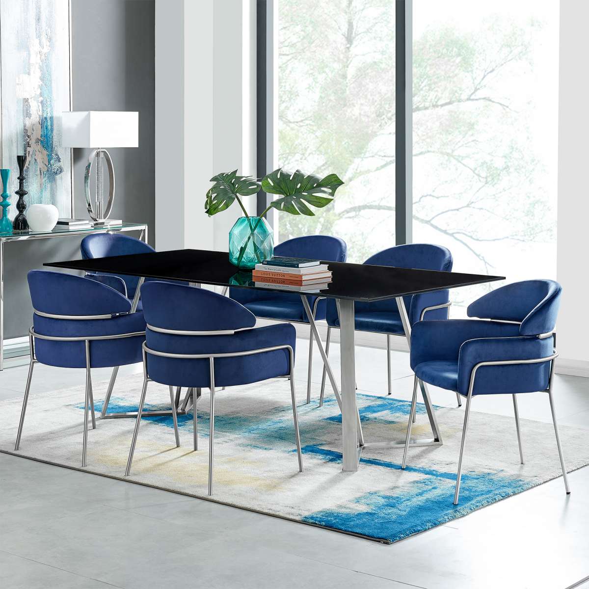 Cressida and Portia Blue Fabric 7 Piece Rectangular Dining Set By Armen Living | Dining Sets |  Modishstore 