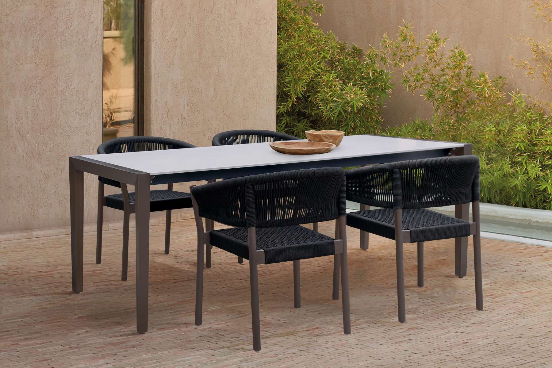 Fineline and Doris Indoor Outdoor 5 Piece Dining Set in Dark Eucalyptus Wood with Superstone and Black Rope By Armen Living | Outdoor Dining Sets |  Modishstore 