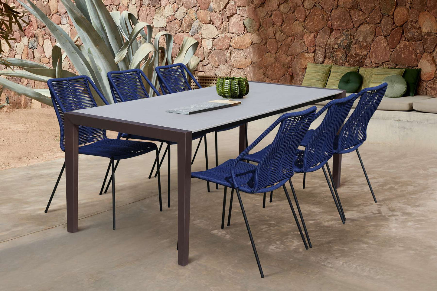 Fineline and Clip Indoor Outdoor 7 Piece Dining Set in Dark Eucalyptus Wood with Superstone and Blue Rope By Armen Living | Outdoor Dining Sets |  Modishstore 