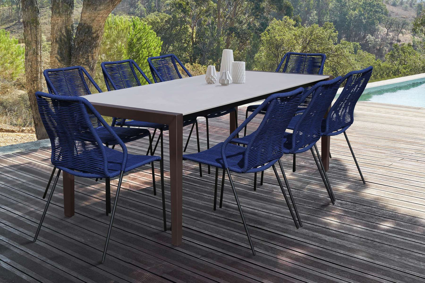 Fineline and Clip Indoor Outdoor 9 Piece Dining Set in Dark Eucalyptus Wood with Superstone and Black Rope By Armen Living | Outdoor Dining Sets |  Modishstore 