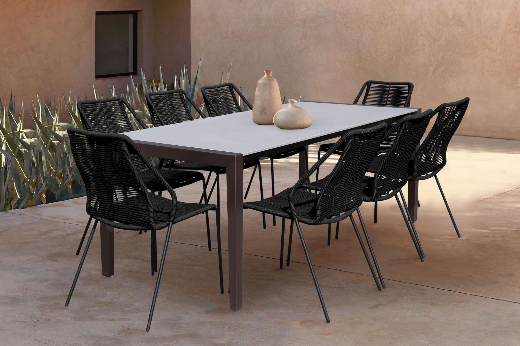 Fineline and Clip Indoor Outdoor 9 Piece Dining Set in Dark Eucalyptus Wood with Superstone and Black Rope By Armen Living | Outdoor Dining Sets |  Modishstore  - 11