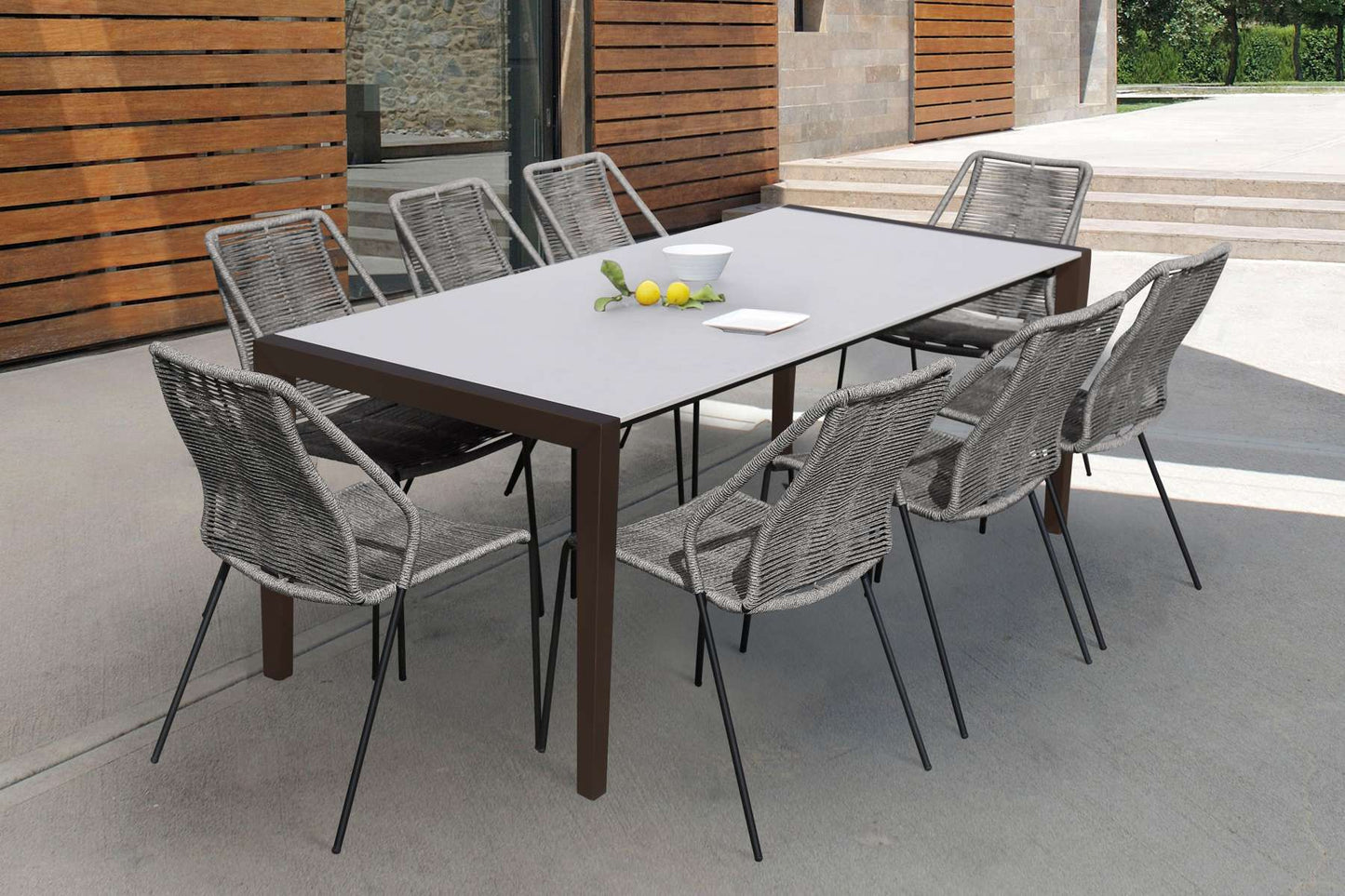 Fineline and Clip Indoor Outdoor 9 Piece Dining Set in Dark Eucalyptus Wood with Superstone and Black Rope By Armen Living | Outdoor Dining Sets |  Modishstore  - 28