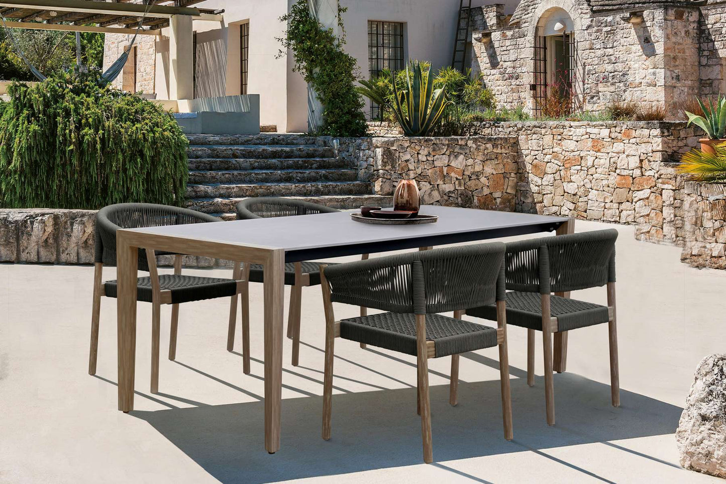 Fineline and Doris Indoor Outdoor 5 Piece Dining Set in Light Eucalyptus Wood with Superstone with Charcoal Rope By Armen Living | Outdoor Dining Sets |  Modishstore 