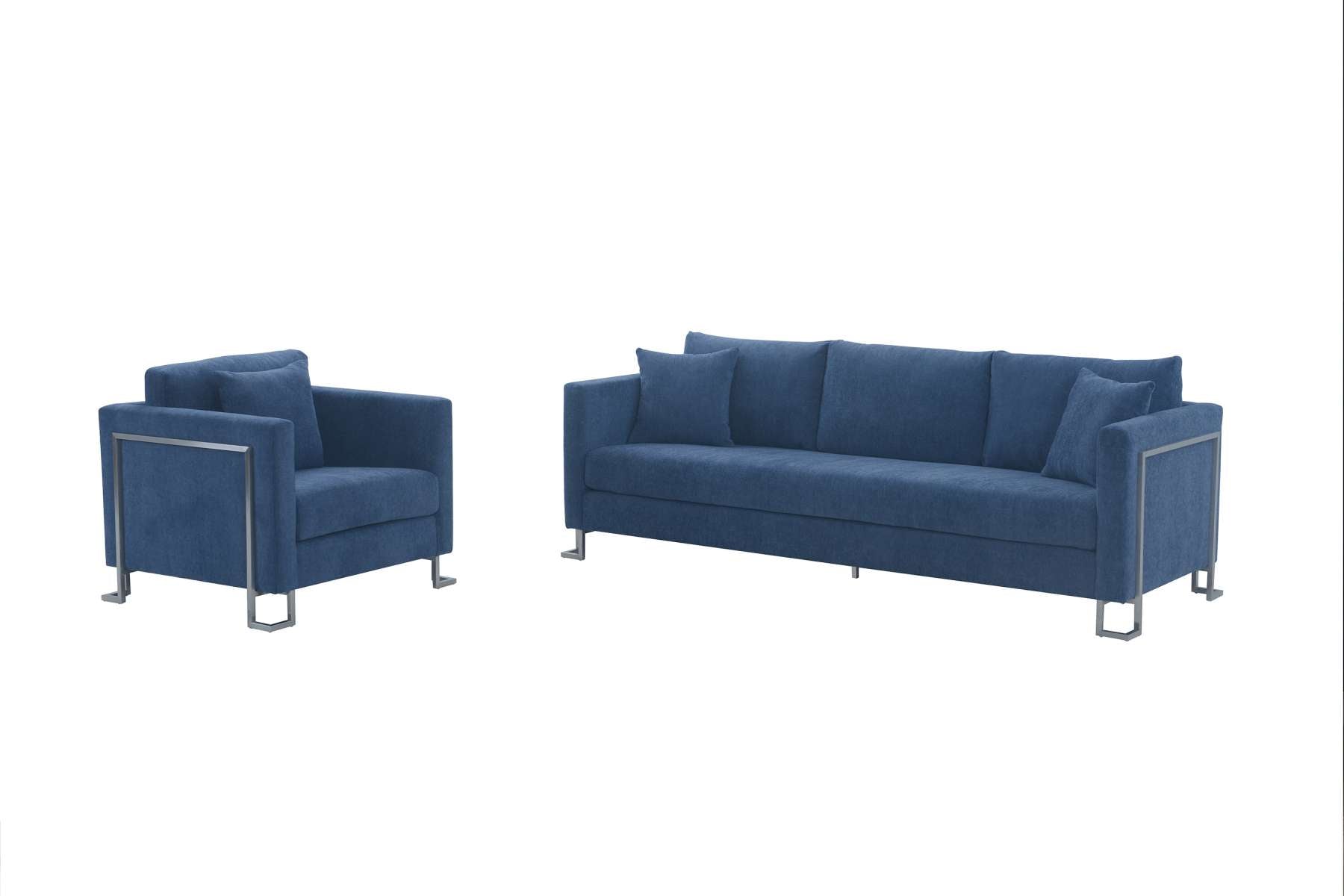 Heritage 2 Piece Blue Fabric Upholstered Sofa & Chair Set By Armen Living | Sofas |  Modishstore  - 2