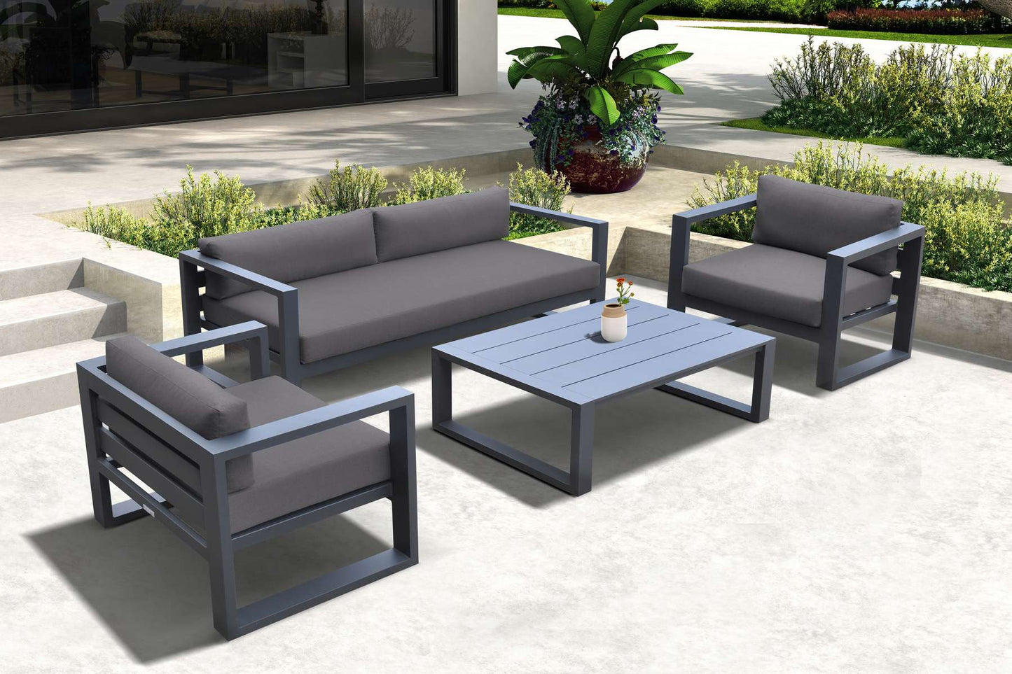 Aelani Outdoor 4 piece Set in Dark Grey Finish and Charcoal Cushions By Armen Living | Outdoor Sofas, Loveseats & Sectionals |  Modishstore 