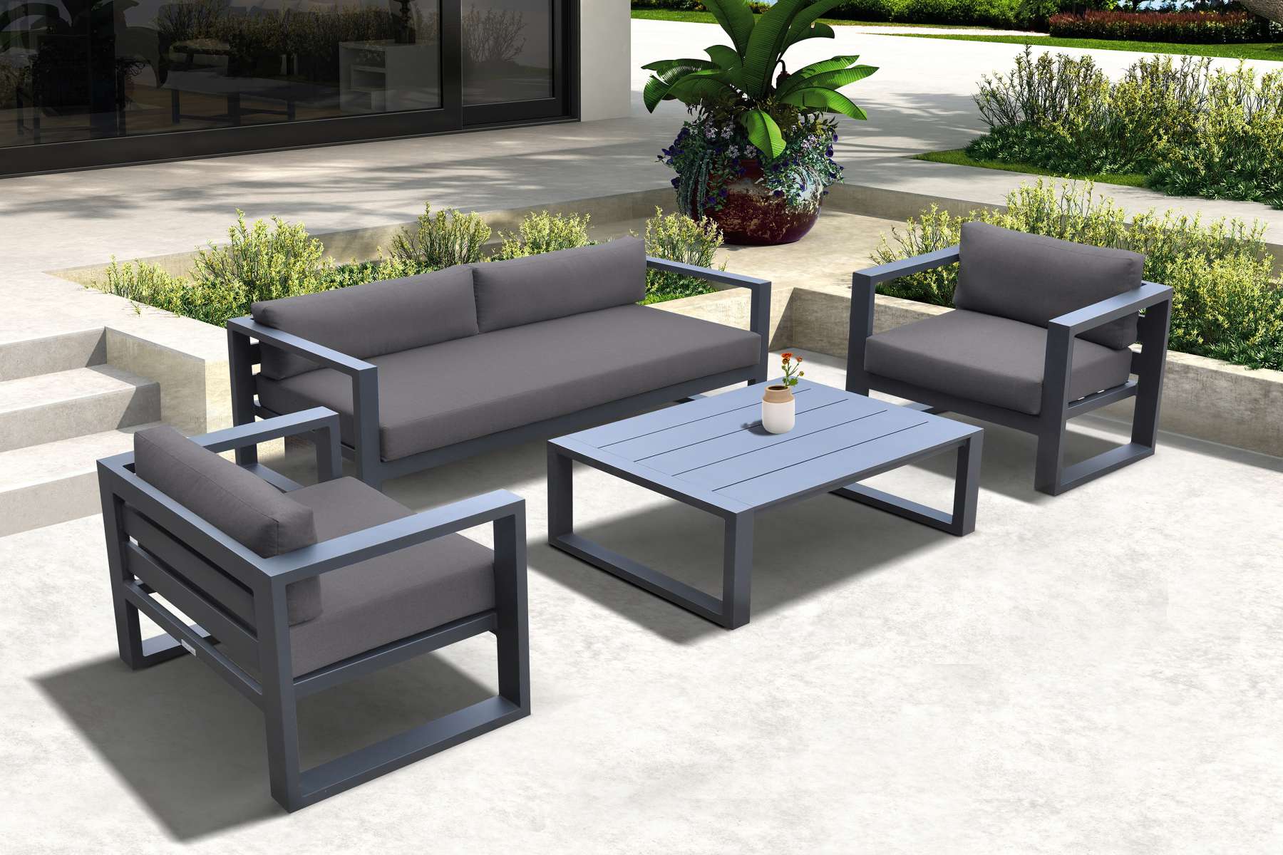 Aelani Outdoor 4 piece Set in Dark Grey Finish and Charcoal Cushions By Armen Living | Outdoor Sofas, Loveseats & Sectionals |  Modishstore 