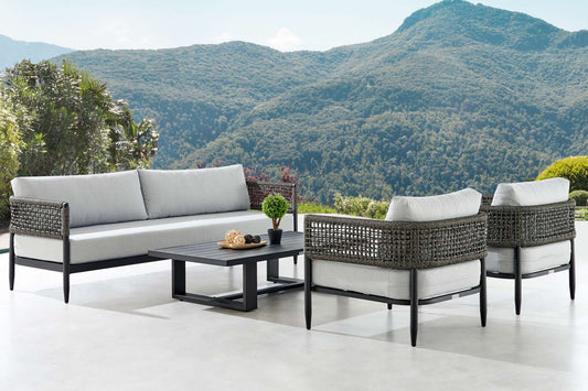 Alegria 4 Piece Outdoor Black Aluminum & Rope Conversation Set with Light Gray Fabric Cushions By Armen Living | Outdoor Sofas, Loveseats & Sectionals |  Modishstore 