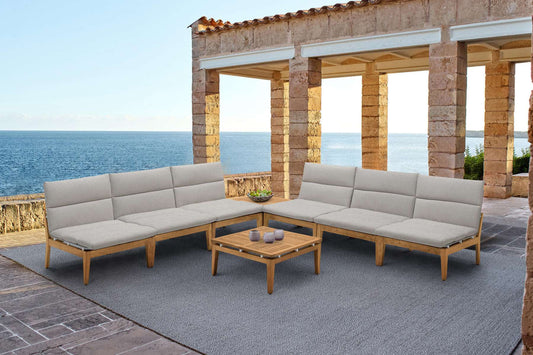 Arno Outdoor 8 Piece Teak Wood Seating Set in Beige Olefin By Armen Living | Outdoor Sofas, Loveseats & Sectionals |  Modishstore 