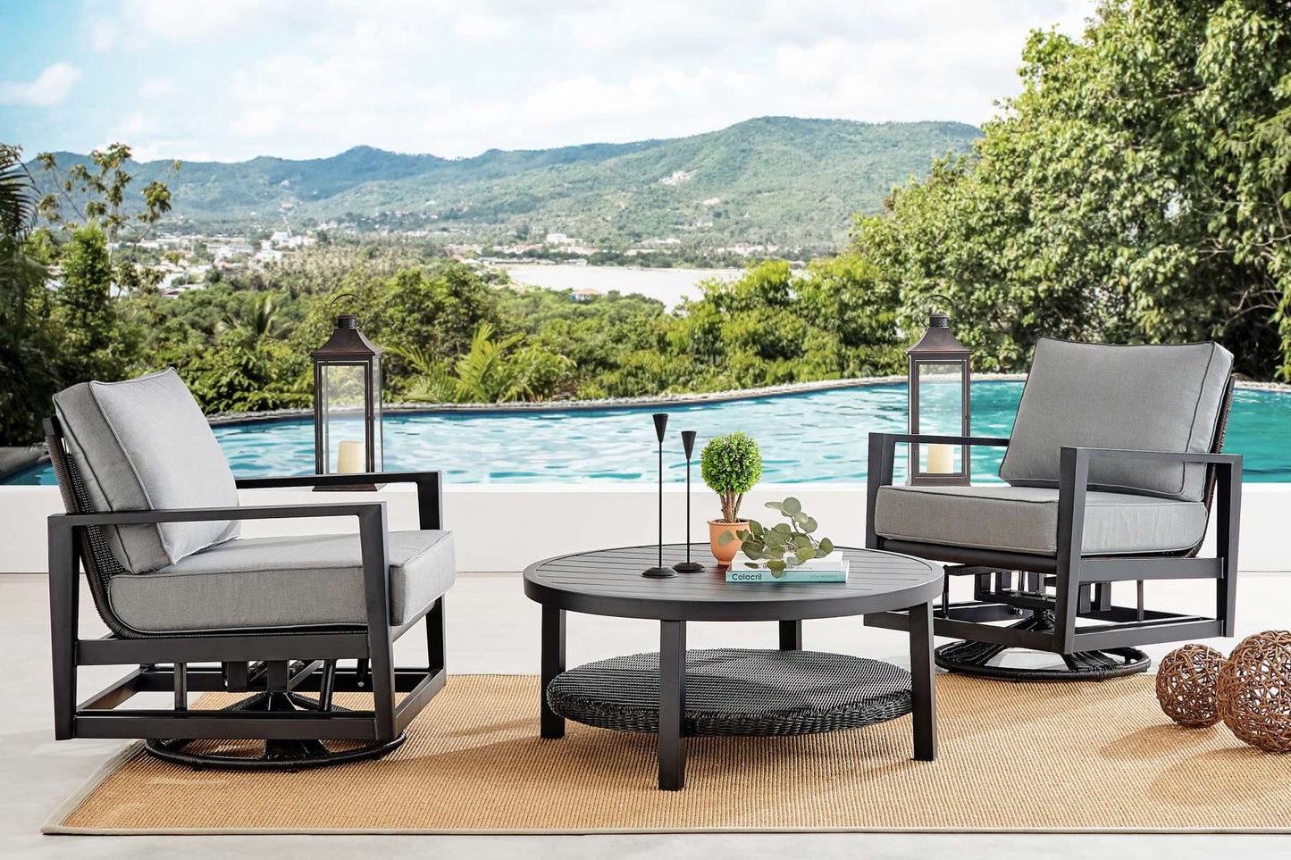 Caymen 3 Piece Black Aluminum Outdoor Seating Set with Dark Gray Cushions By Armen Living | Outdoor Sofas, Loveseats & Sectionals |  Modishstore 