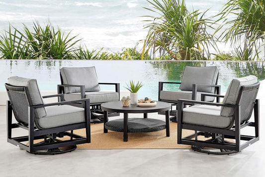 Caymen 5 Piece Black Aluminum Outdoor Seating Set with Dark Gray Cushions By Armen Living | Outdoor Sofas, Loveseats & Sectionals |  Modishstore 