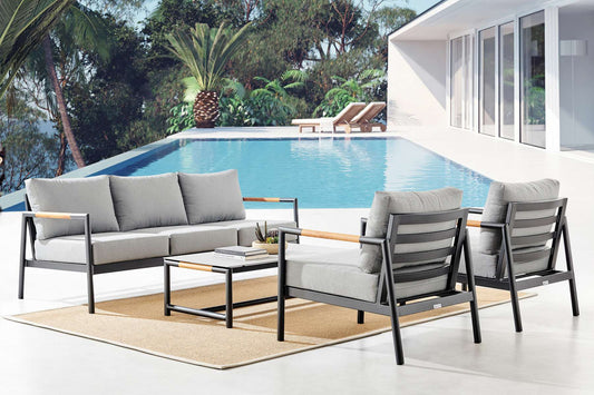 Crown 4 Piece Black Aluminum and Teak Outdoor Seating Set with Dark Gray Cushions By Armen Living | Outdoor Sofas, Loveseats & Sectionals |  Modishstore 