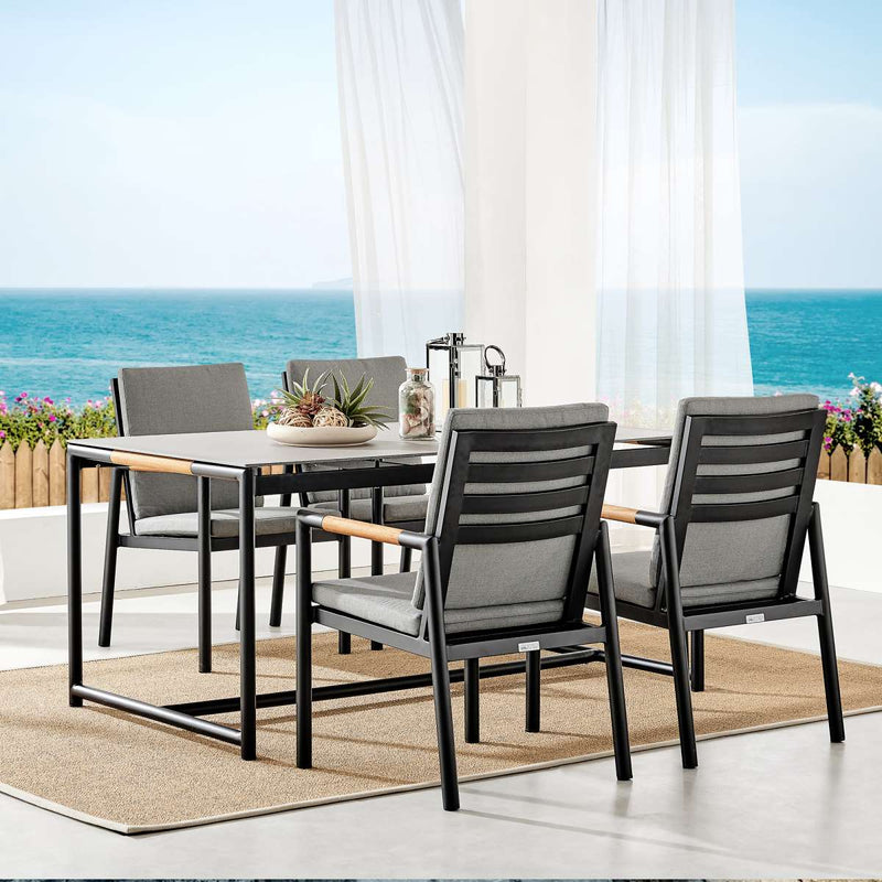 Crown 5 Piece Black Aluminum and Teak Outdoor Dining Set with Dark Gray Fabric By Armen Living | Outdoor Dining Sets |  Modishstore 