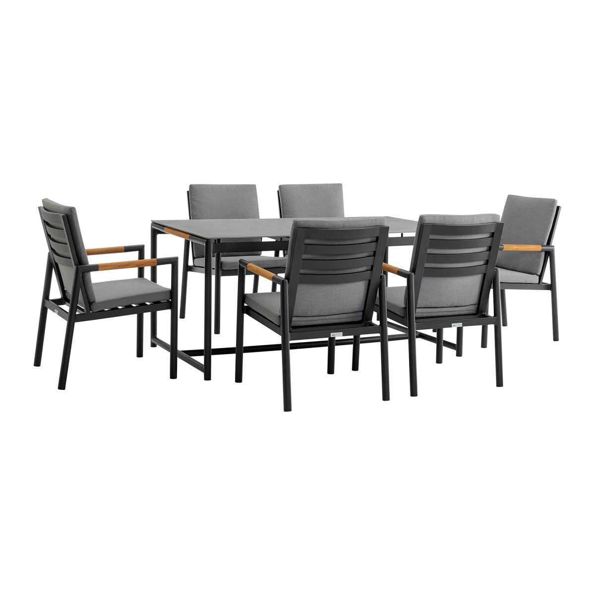 Crown 7 Piece Black Aluminum and Teak Outdoor Dining Set with Dark Gray Fabric By Armen Living | Outdoor Dining Sets |  Modishstore  - 2