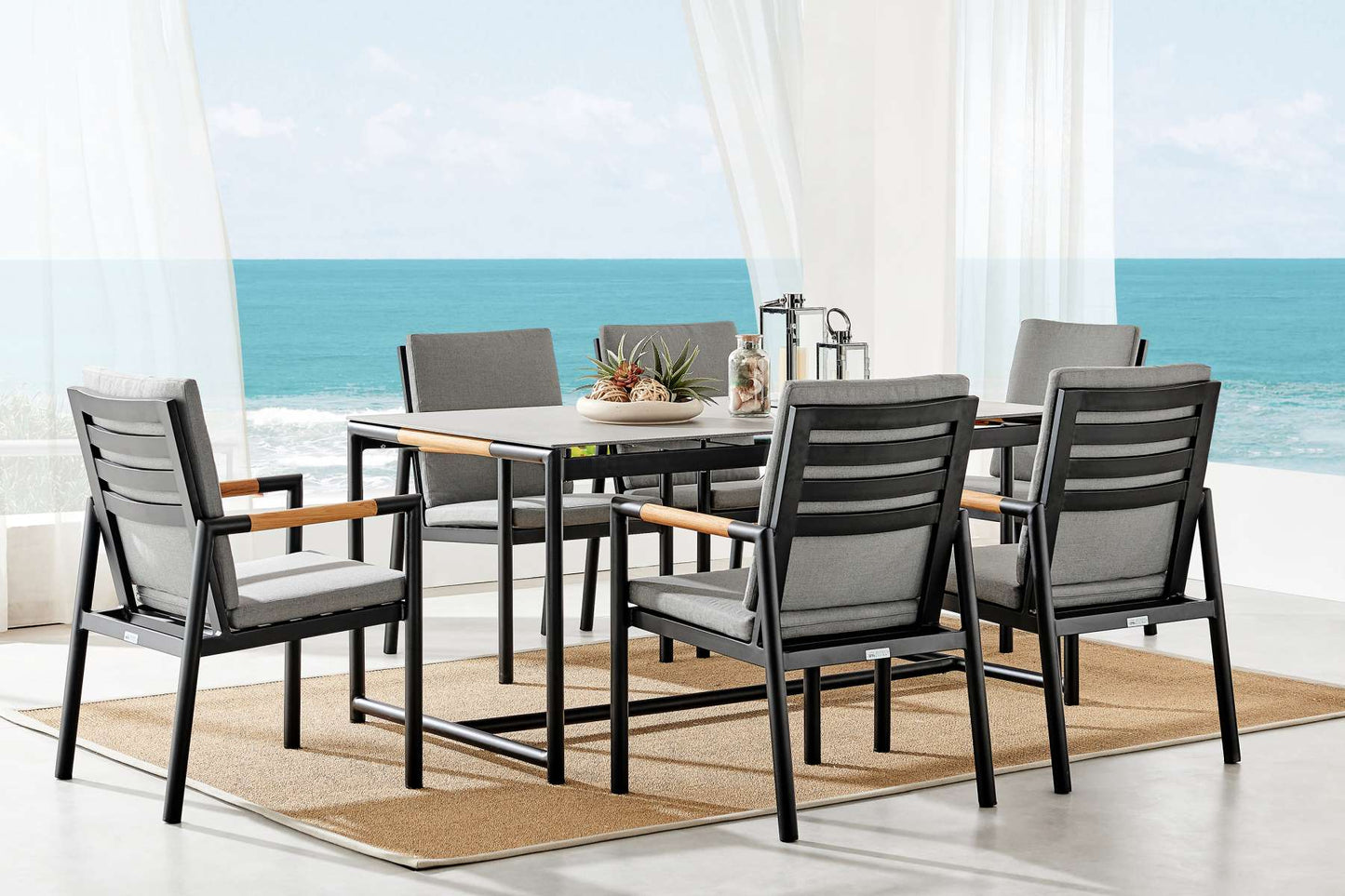 Crown 7 Piece Black Aluminum and Teak Outdoor Dining Set with Dark Gray Fabric By Armen Living | Outdoor Dining Sets |  Modishstore 