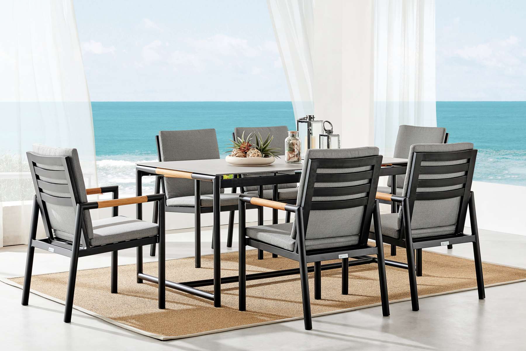 Crown 7 Piece Black Aluminum and Teak Outdoor Dining Set with Dark Gray Fabric By Armen Living | Outdoor Dining Sets |  Modishstore 