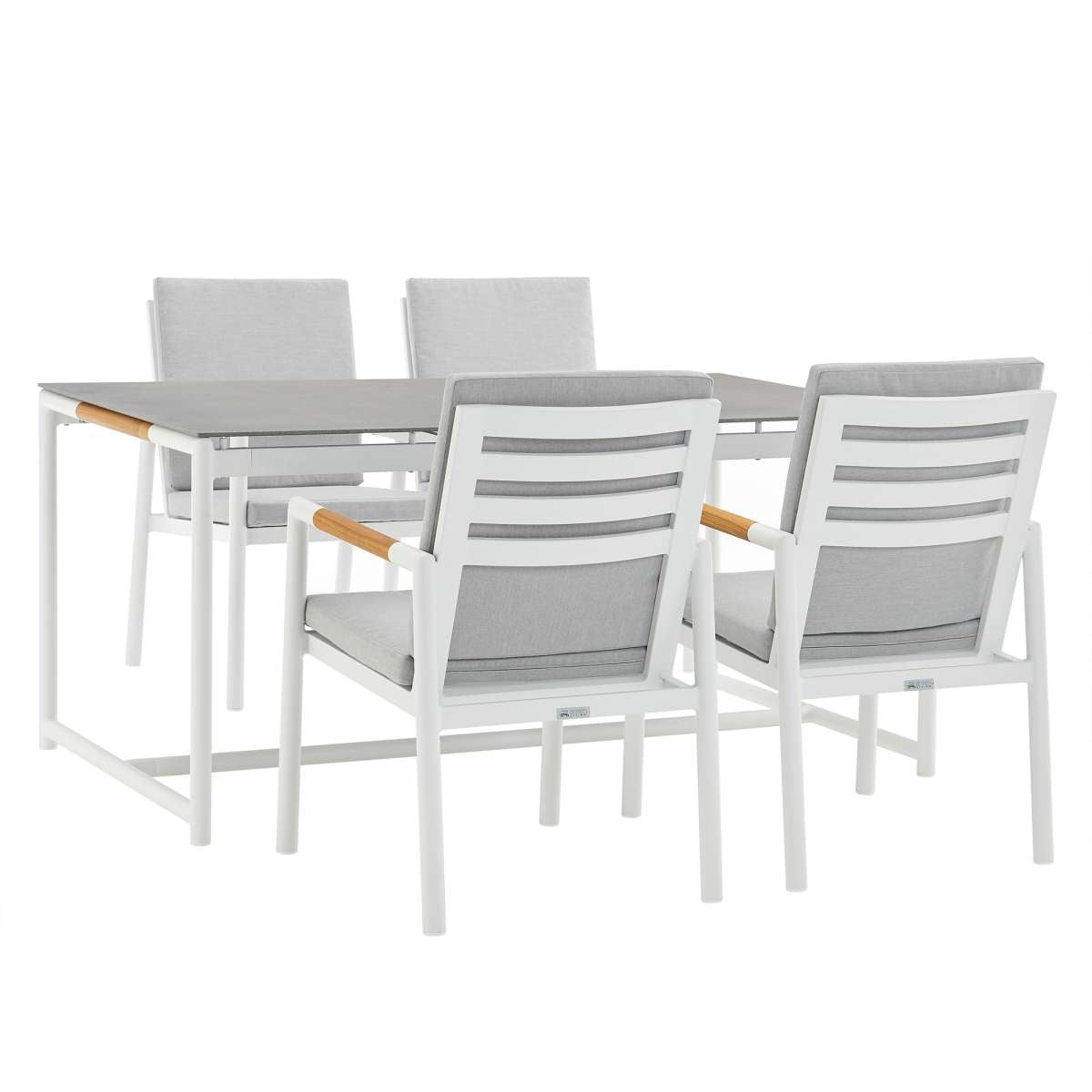 Crown 5 Piece White Aluminum and Teak Outdoor Dining Set with Light Gray Fabric By Armen Living | Outdoor Dining Sets |  Modishstore  - 2