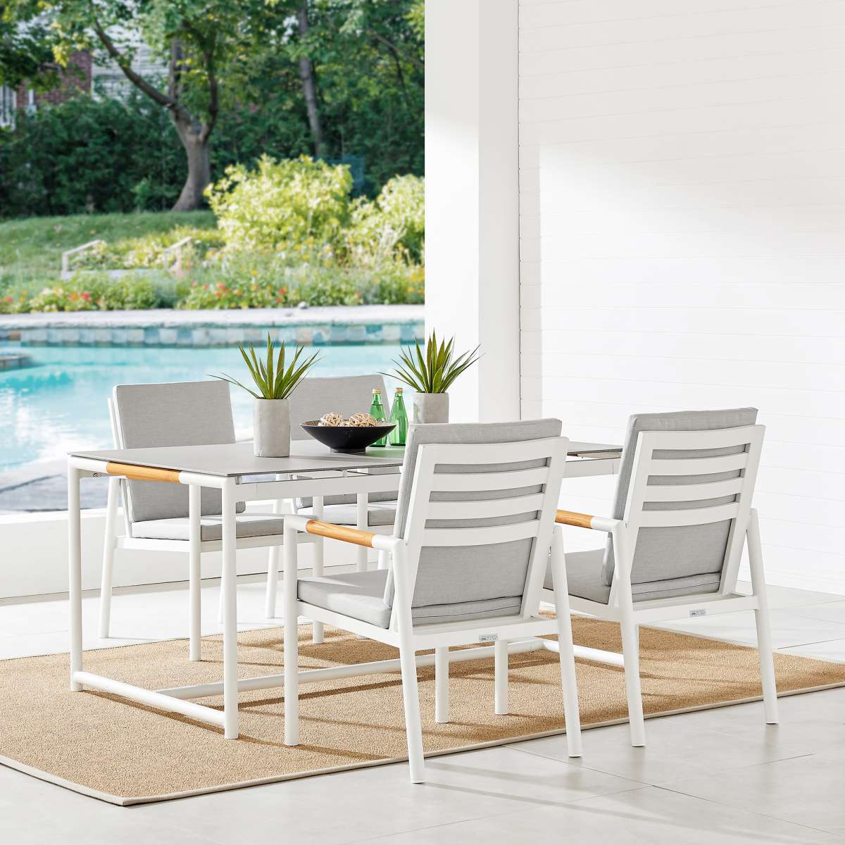 Crown 5 Piece White Aluminum and Teak Outdoor Dining Set with Light Gray Fabric By Armen Living | Outdoor Dining Sets |  Modishstore 