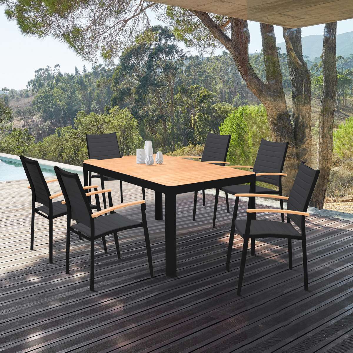 Portals Outdoor 7 Piece Black Aluminum & Teak Wood Dining Set By Armen Living | Outdoor Dining Sets |  Modishstore 