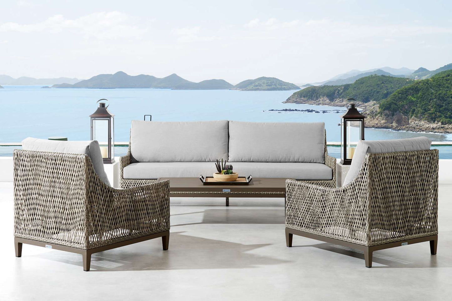 Grenada 4 Piece Outdoor Gray Fabric and Wicker Conversation Set By Armen Living | Outdoor Sofas, Loveseats & Sectionals |  Modishstore 