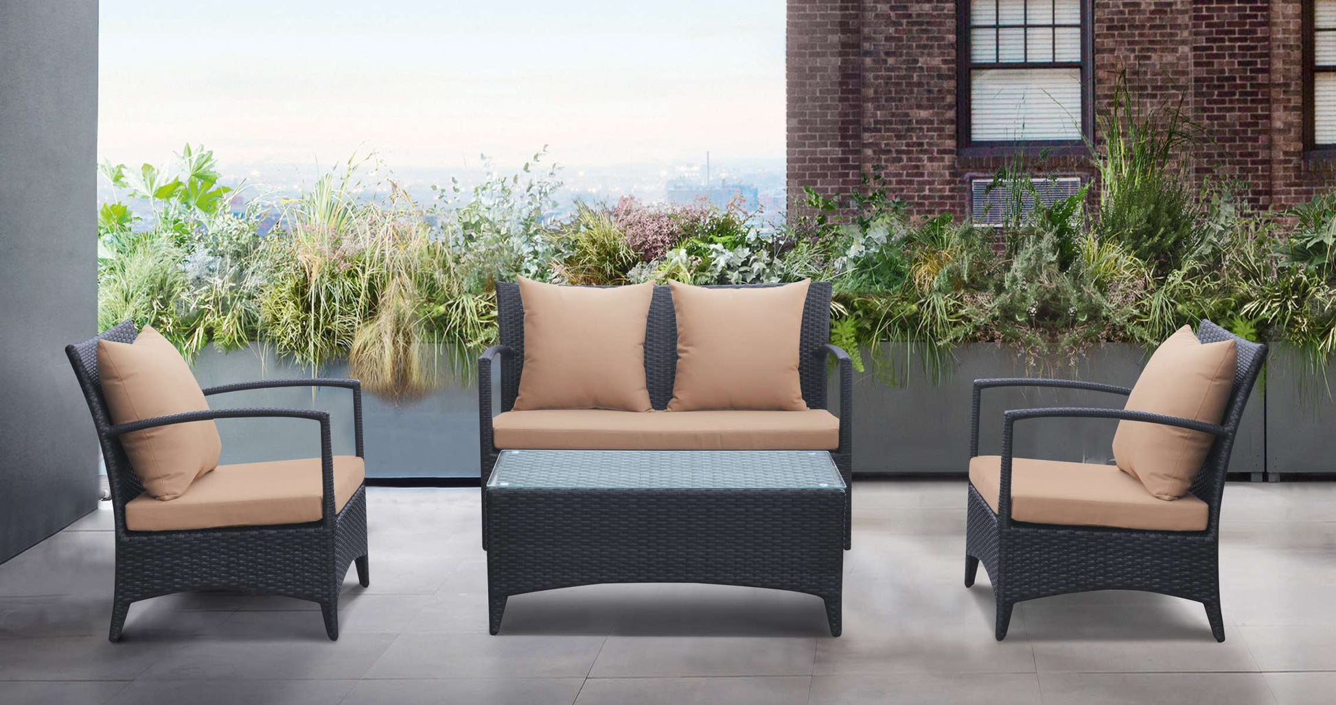 Havana 4 piece Outdoor Wicker Patio Set with Brown Fabric Cushions and Tempered Glass Top By Armen Living | Outdoor Sofas, Loveseats & Sectionals |  Modishstore 