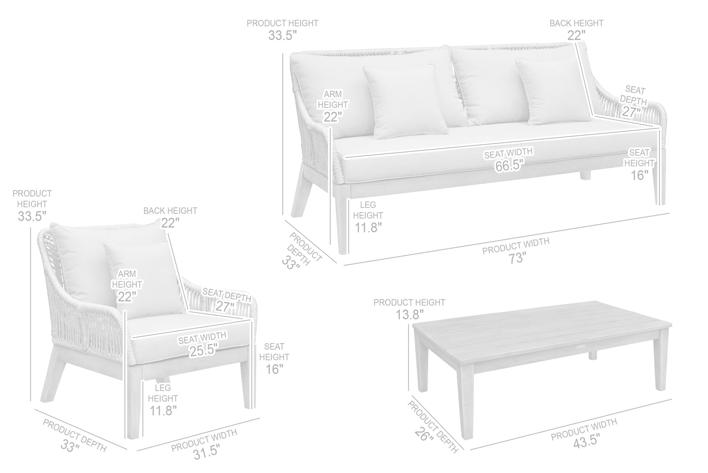 Hawaii 4 Piece Outdoor Patio Furniture Set in Acacia Wood and Rope with Grey Cushions By Armen Living | Outdoor Sofas, Loveseats & Sectionals | Modishstore - 9