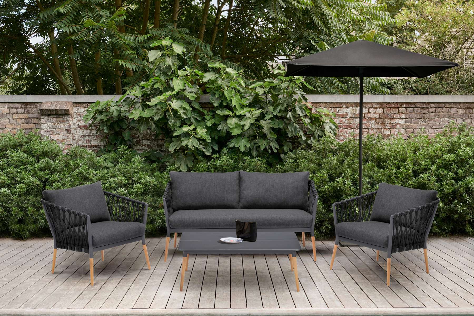 Ipanema Outdoor 4 Piece Rope and Teak Sofa Seating Set with Dark Grey Olefin By Armen Living | Outdoor Sofas, Loveseats & Sectionals |  Modishstore 