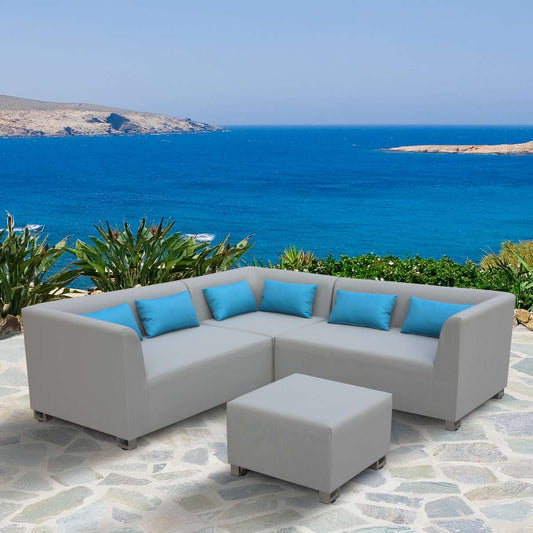 Lagoon 4 piece Outdoor Textilene Sectional Set in Taupe with Sky Blue Accent Pillows By Armen Living | Outdoor Sofas, Loveseats & Sectionals |  Modishstore 